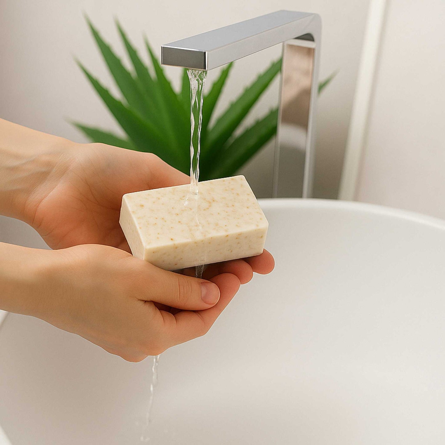 Oatmeal soap bar under running water for moisturizing skincare.