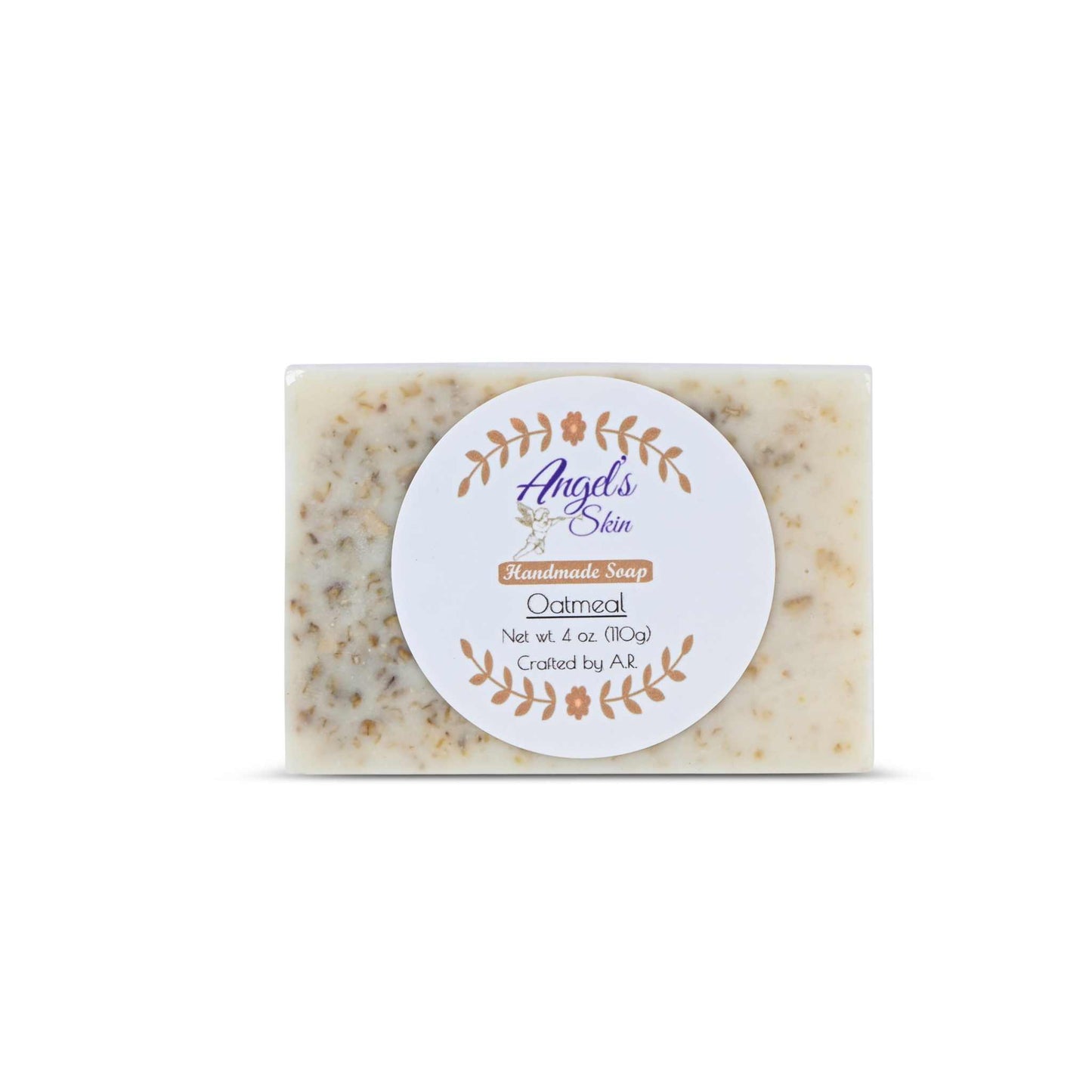 Oatmeal soap bar with label, handmade for moisturizing and soothing skincare.