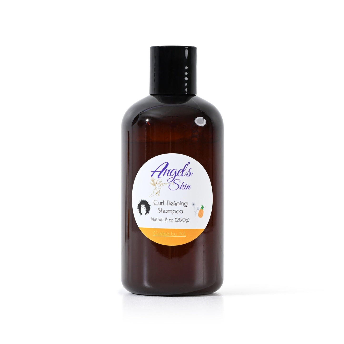 Angel's Skin Curl Defining Shampoo with pineapple and flaxseed in 8 oz brown bottle for curly hair care